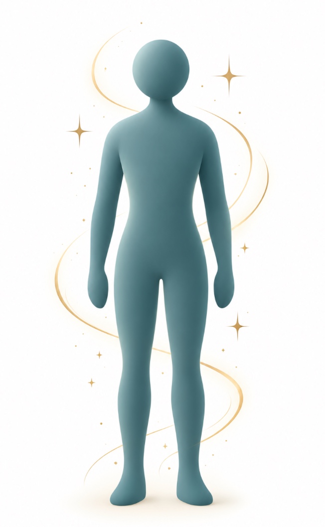 Illustration einer stehenden Figur mit goldenen Lichtbändern